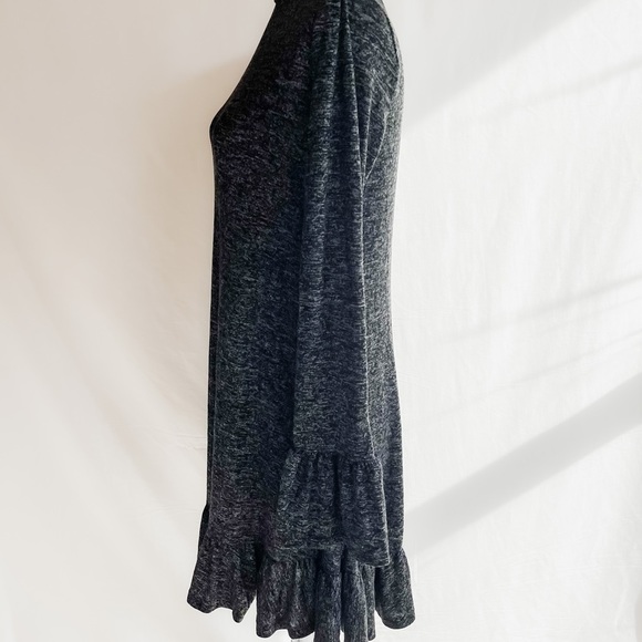 Express Women’s Gray Heathered Ruffle Long Bell Sleeve Mock Neck Dress - Picture 2 of 6